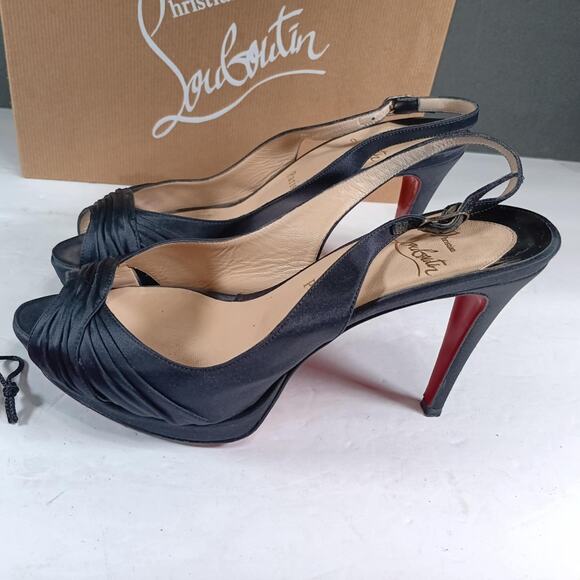 CHRISTIAN LOUBOUTIN BLACK SATIN PEEP TOE SLINGBACK PLATFORM PUMPS Size 37 - Picture 1 of 6